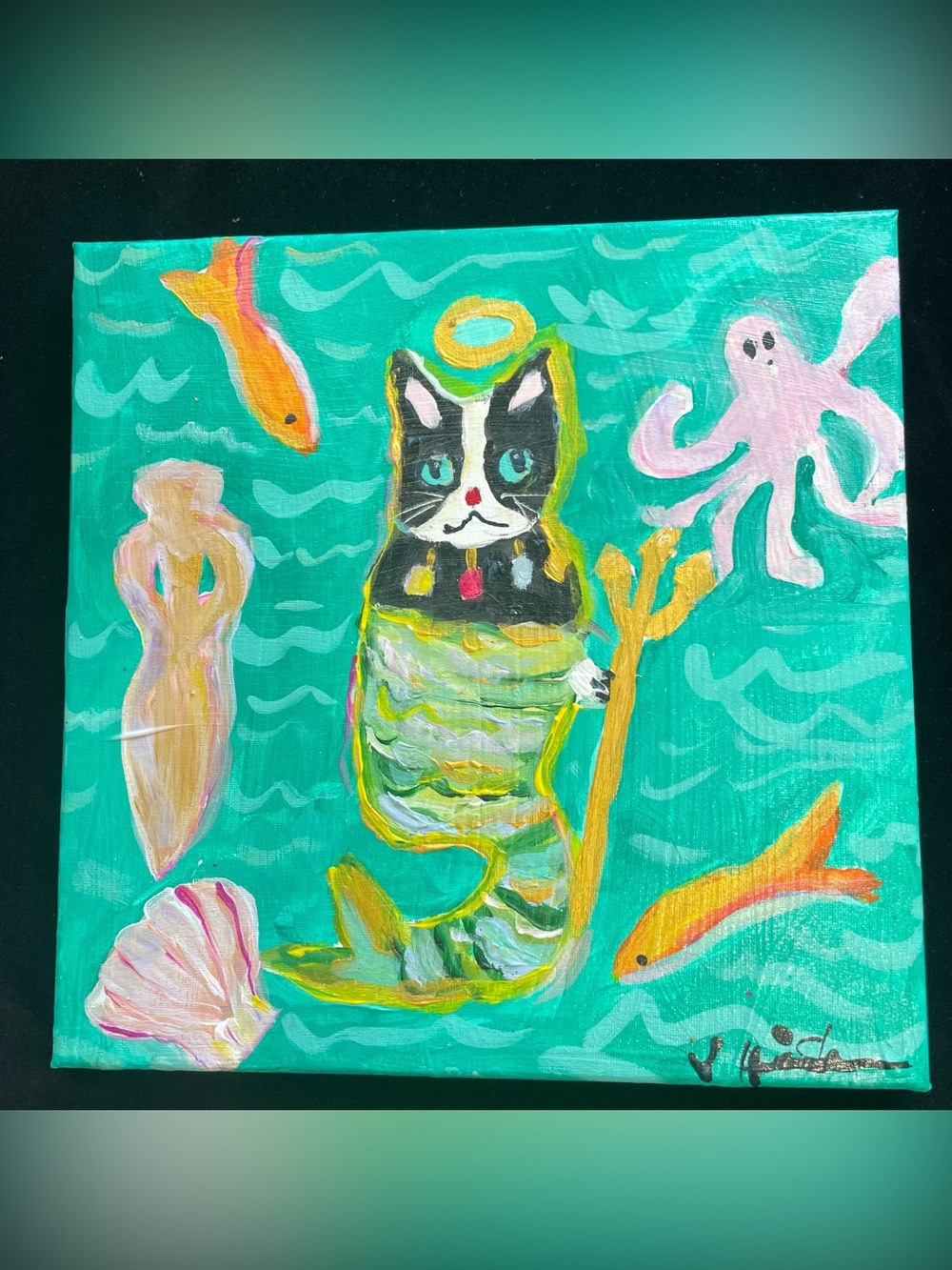 “Cat Mermaid “Original Acrylic Painting on Canvas Handmade 12”x12” On Aqua